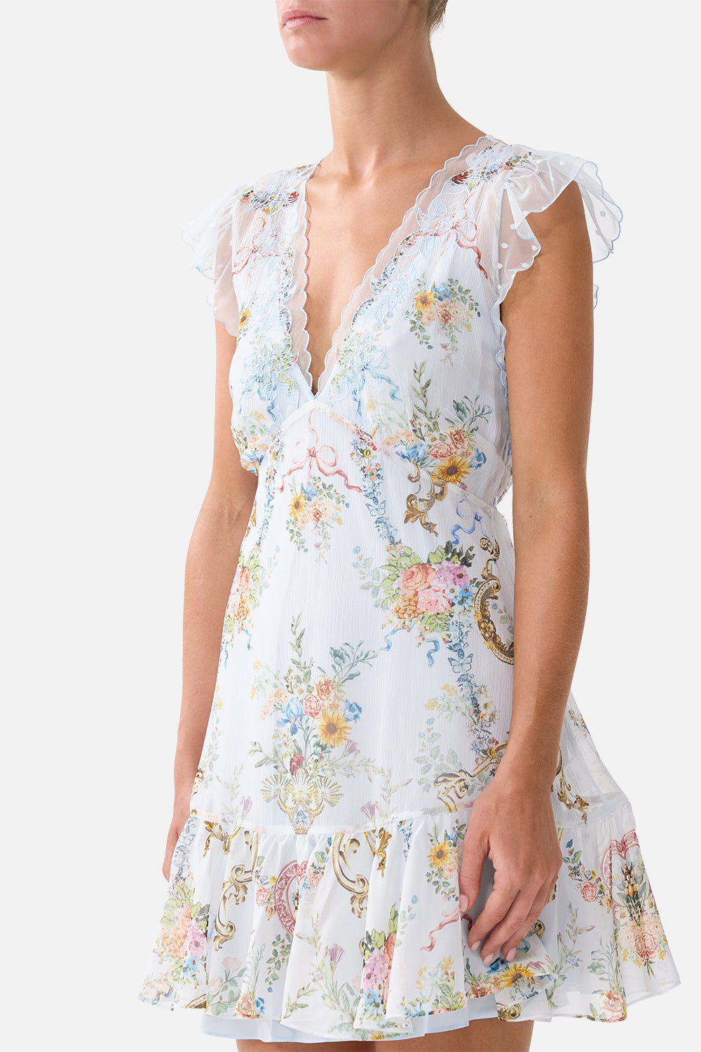 The CAMILLA ruffle sleeve short dress in our print Seville Sweetheart.