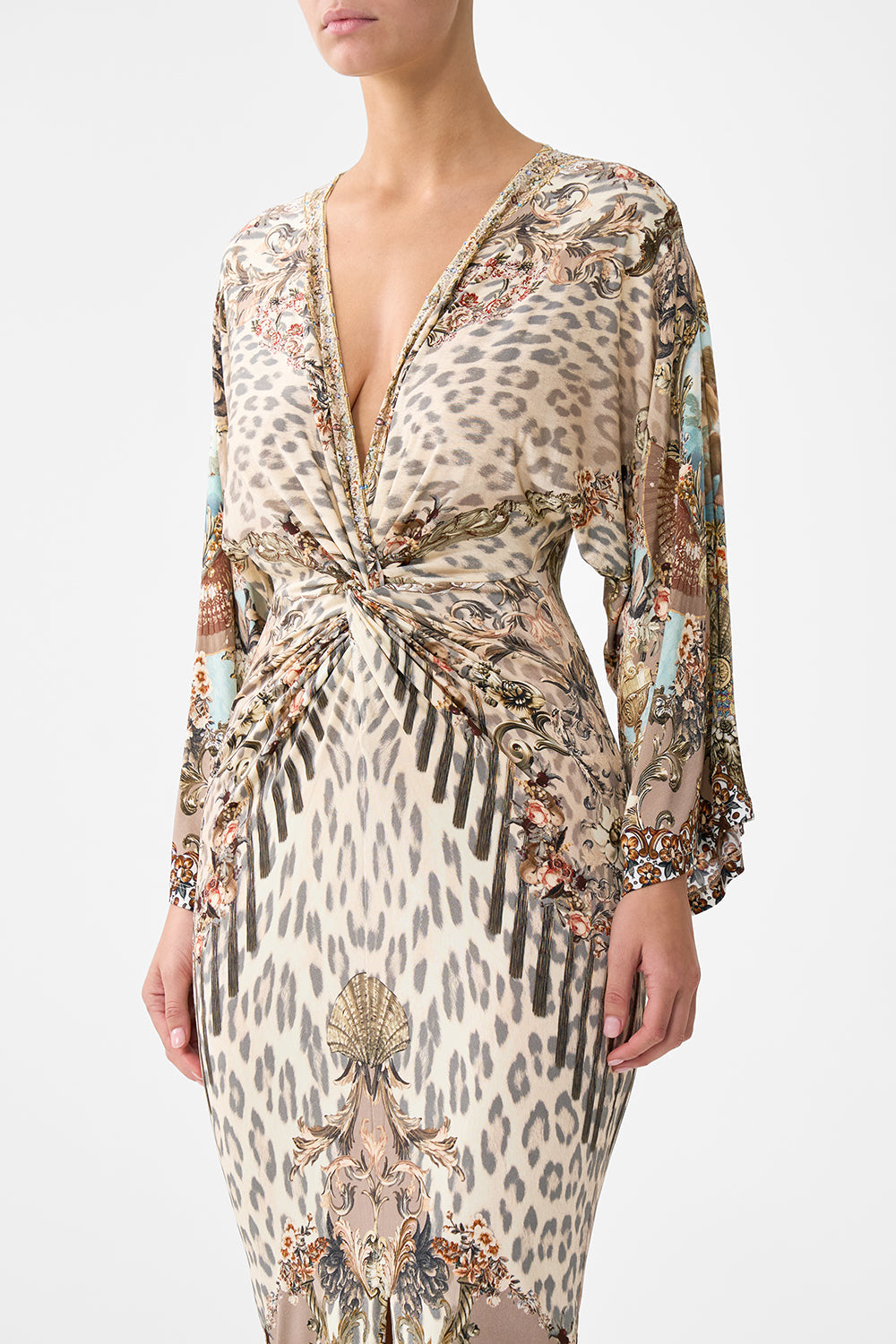VESTIDO LARGO CON ABERTURA DELANTERA Y NUDO ARANJUEZ ANIMALIA