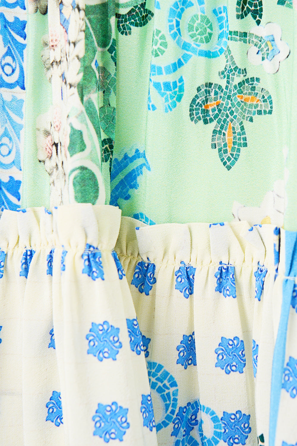 The CAMILLA TIERED SHORT DRESS WITH SHOULDER TIES MIDSUMMER MOSAICS in our  print.