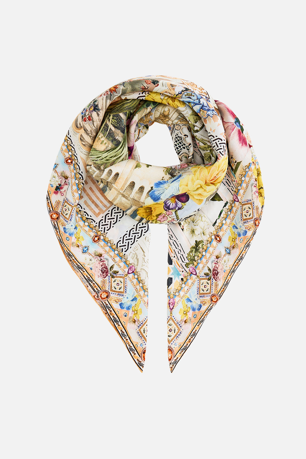 LARGE CRYSTALLED SILK SQUARE SCARF THE ARCHITECTS OF ALCÁZAR