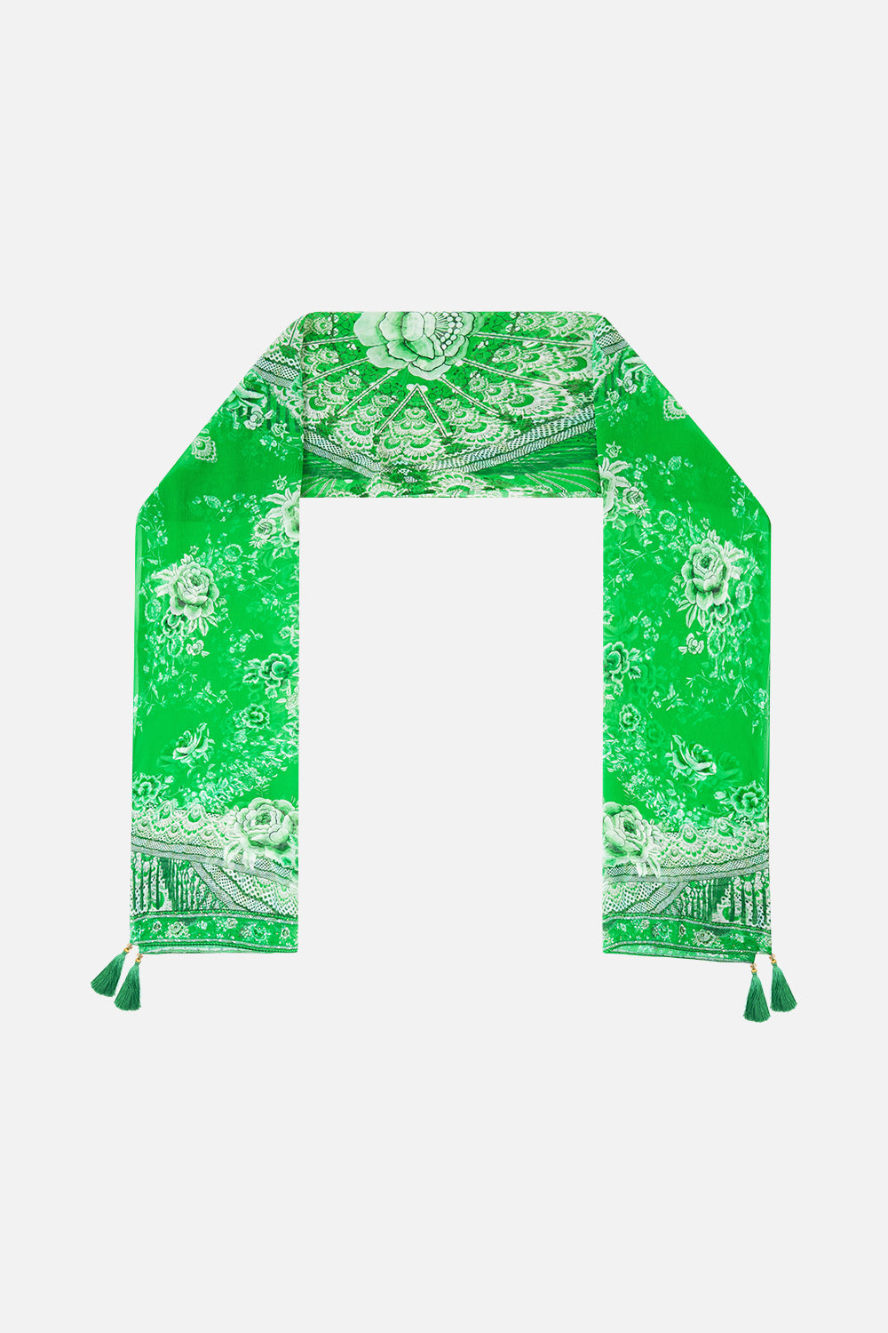 The CAMILLA long silk crinkle chiffon scarf in our print Sacromonte Señorita.