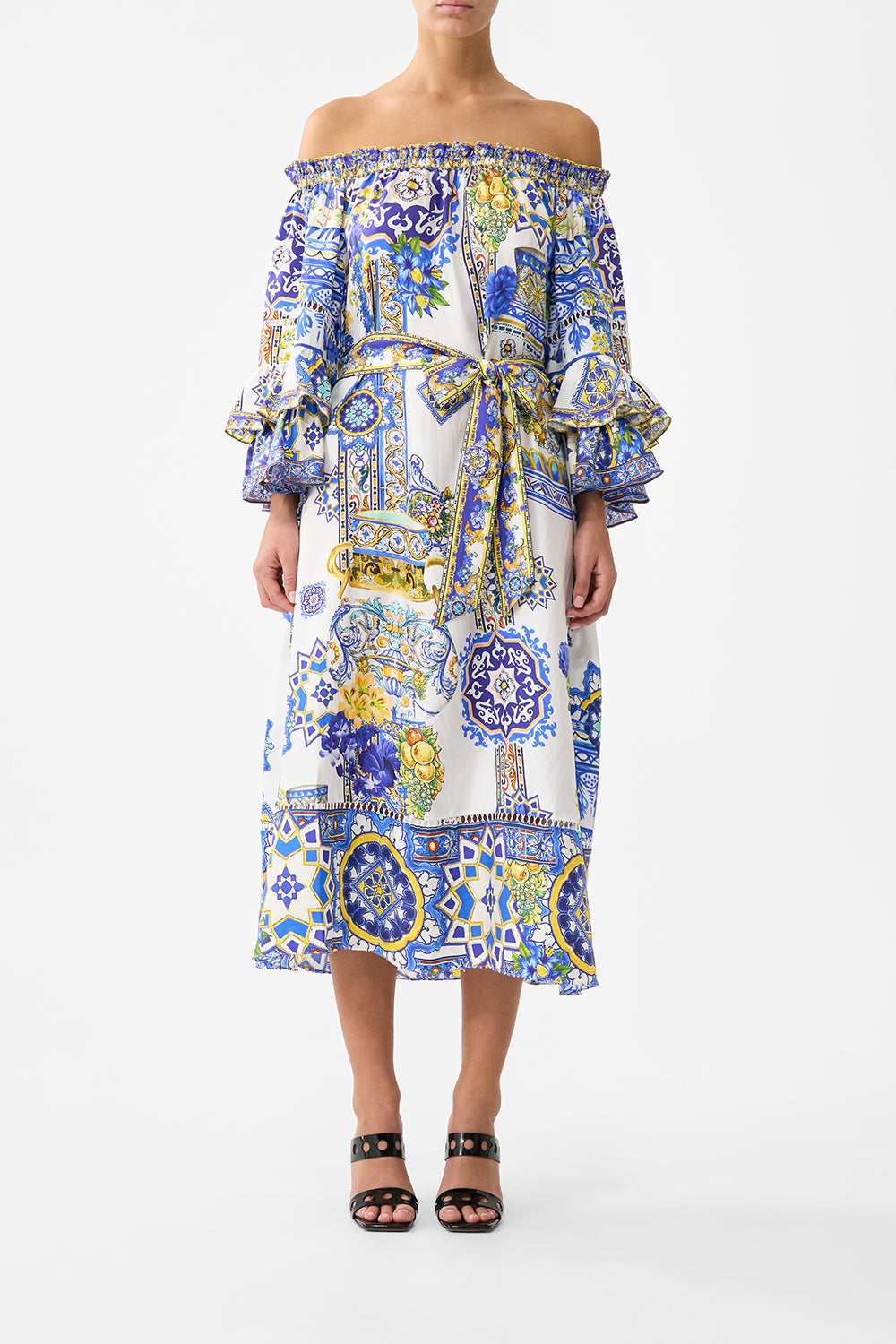 VESTIDO MIDI CON HOMBROS DESCUBIERTOS Y MANGAS CON VOLANTES ESPAÑA NIRVANA