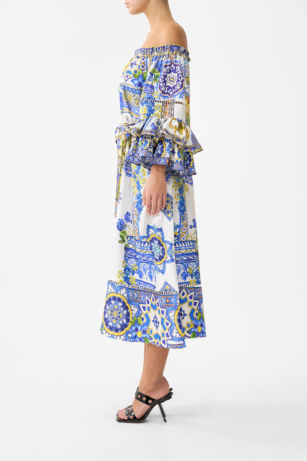 CAMILLA | Off Shoulder Midi Dress with Frill Sleeve España Nirvana, L White | España NIRVANA