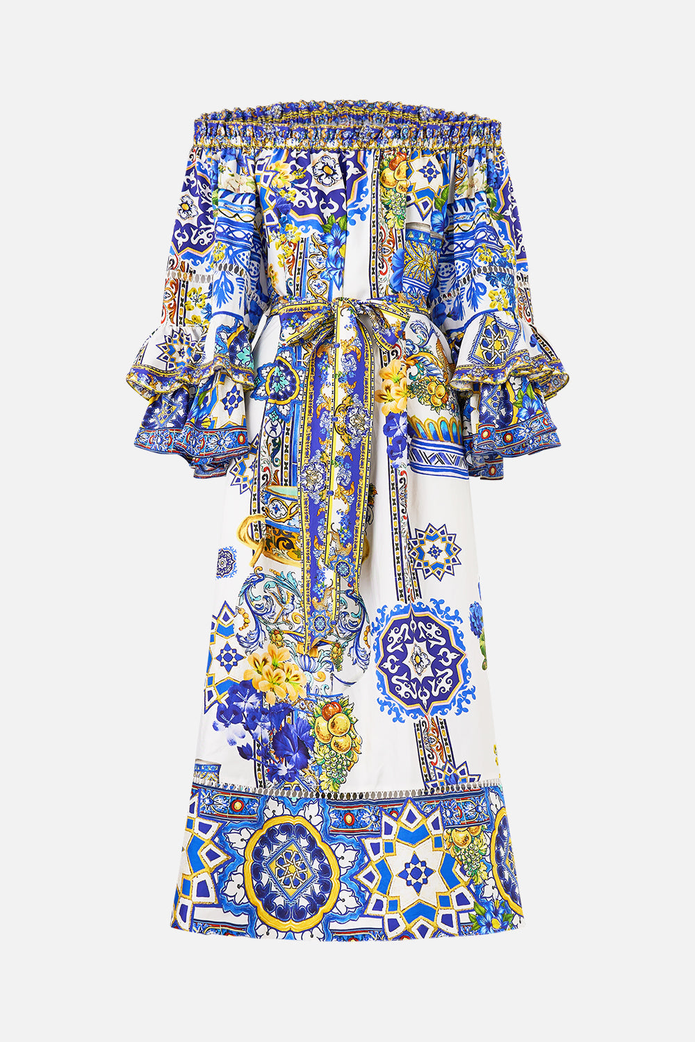 VESTIDO MIDI CON HOMBROS DESCUBIERTOS Y MANGAS CON VOLANTES ESPAÑA NIRVANA