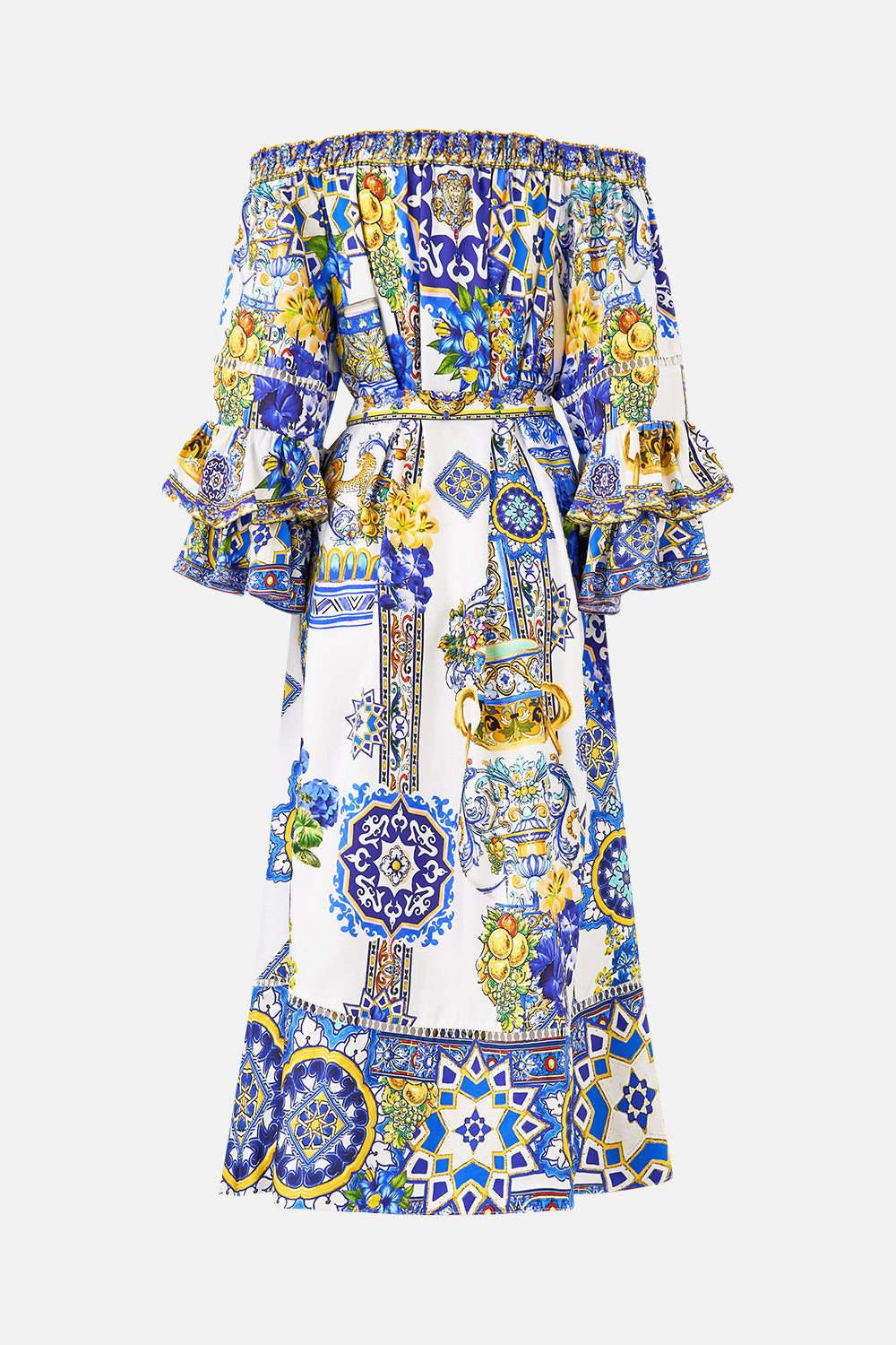 VESTIDO MIDI CON HOMBROS DESCUBIERTOS Y MANGAS CON VOLANTES ESPAÑA NIRVANA