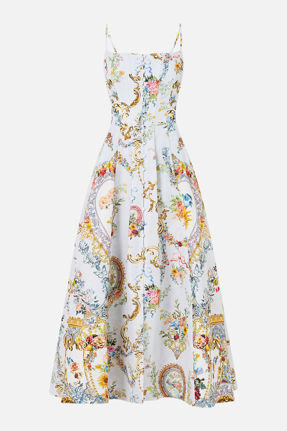 The CAMILLA CORSET DRESS WITH LONG FLARED SKIRT SEVILLE SWEETHEART in our  print.