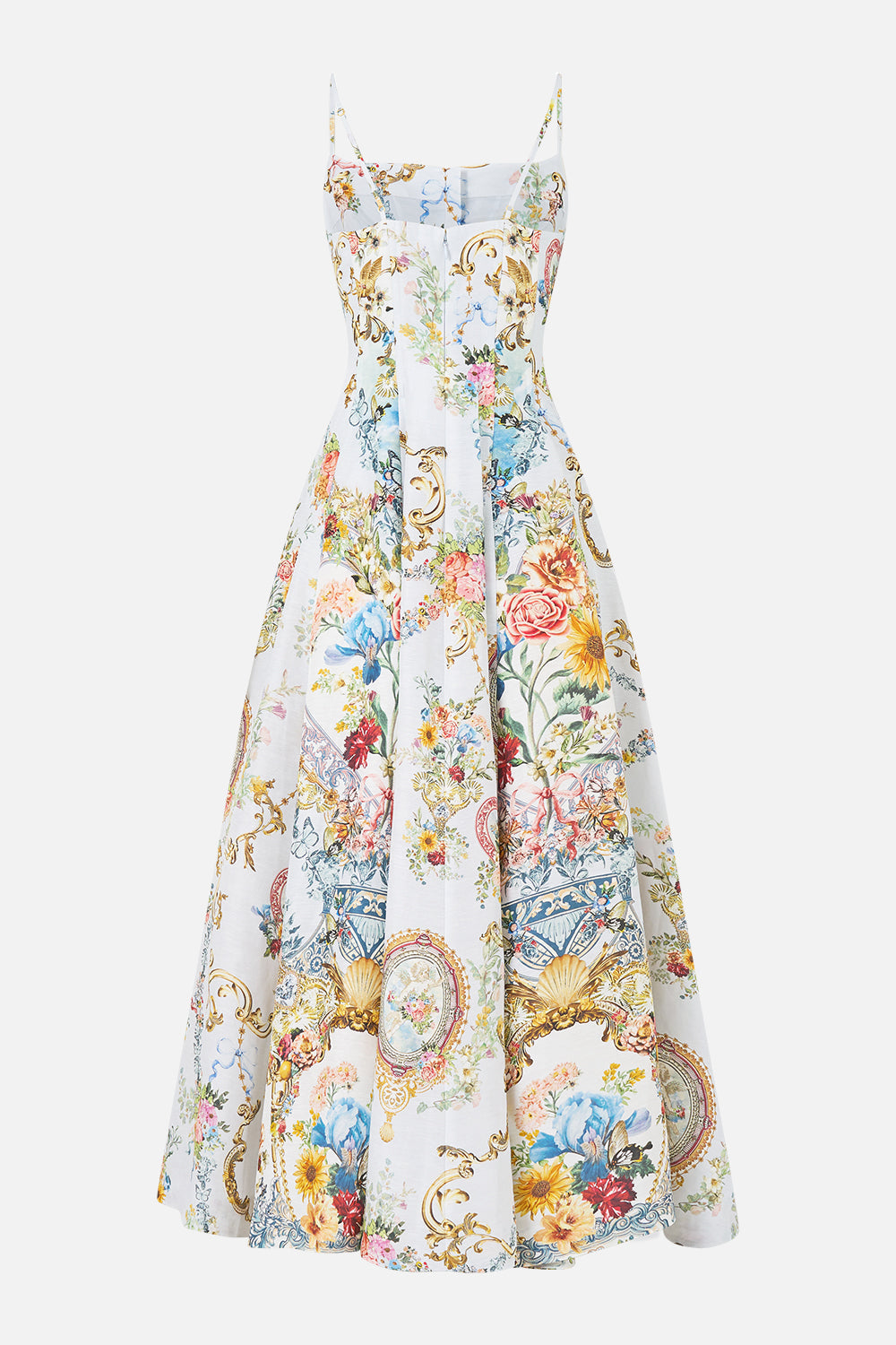 The CAMILLA CORSET DRESS WITH LONG FLARED SKIRT SEVILLE SWEETHEART in our  print.