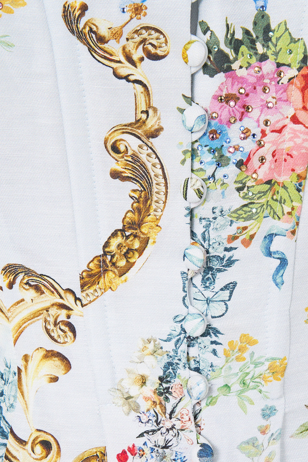 The CAMILLA CORSET DRESS WITH LONG FLARED SKIRT SEVILLE SWEETHEART in our  print.