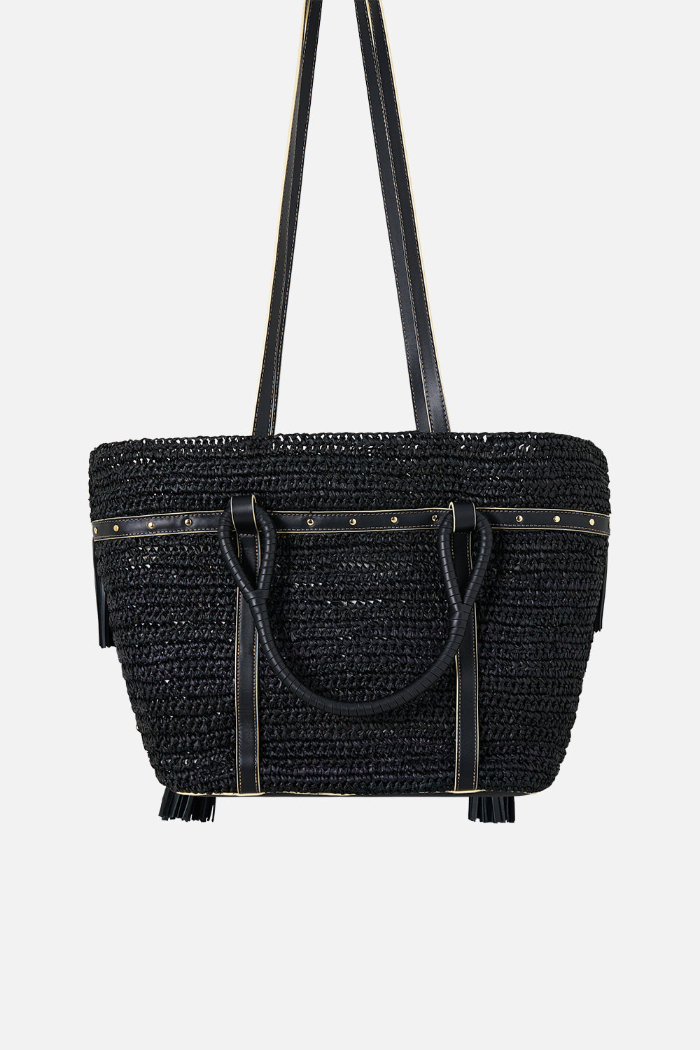 BOLSO DE RAFIA CON BORLAS NEGRO LISO