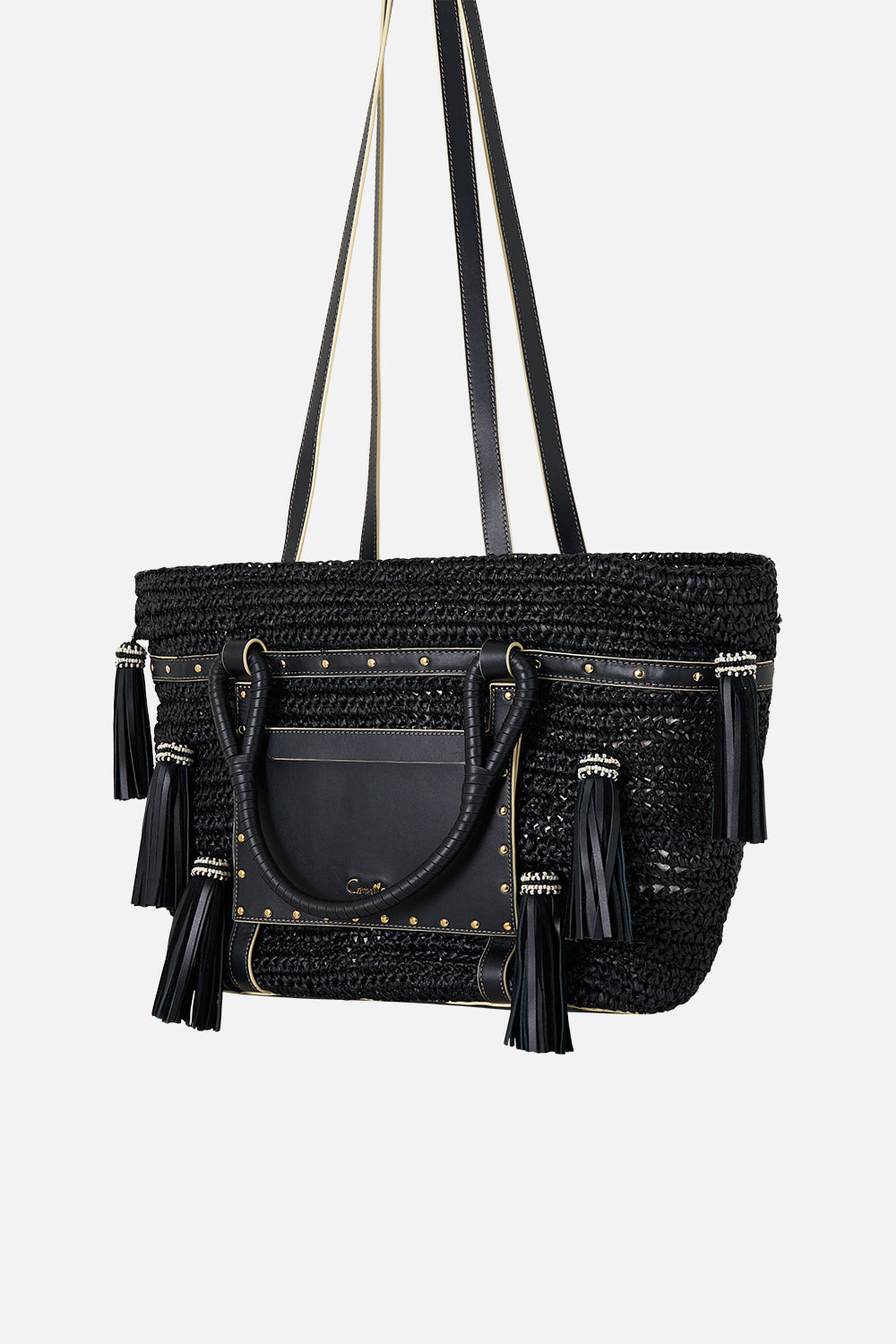 BOLSO DE RAFIA CON BORLAS NEGRO LISO