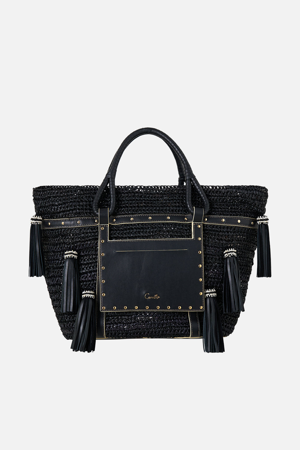 BOLSO DE RAFIA CON BORLAS NEGRO LISO