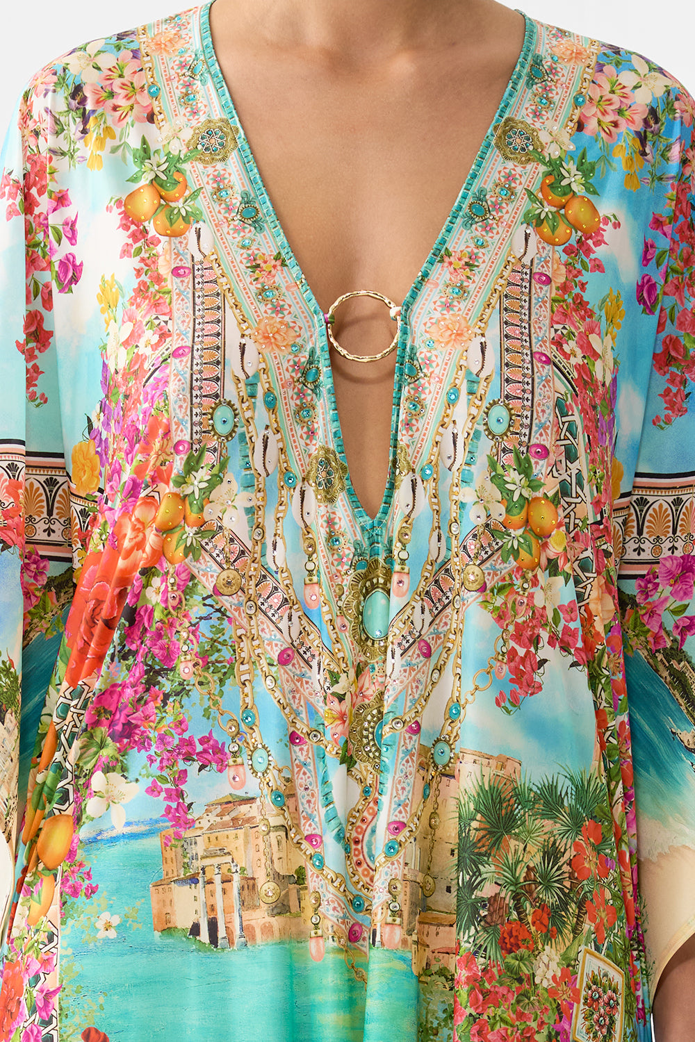 LONG V NECK KAFTAN W RING FRONT TRIM MEET ME IN MALLORCA