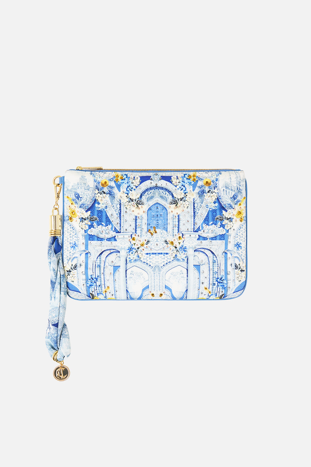 The CAMILLA scarf clutch in our print De Nada Granada. Front view.