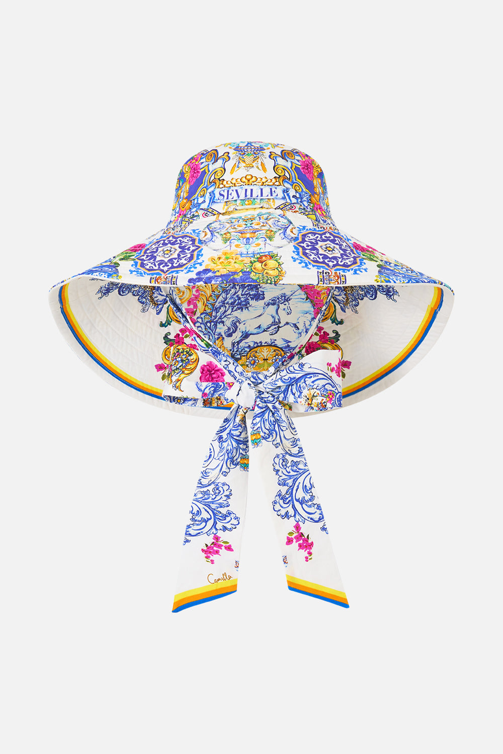 The CAMILLA wide brim bucket hat with tie in our print España Nirvana. Front view.