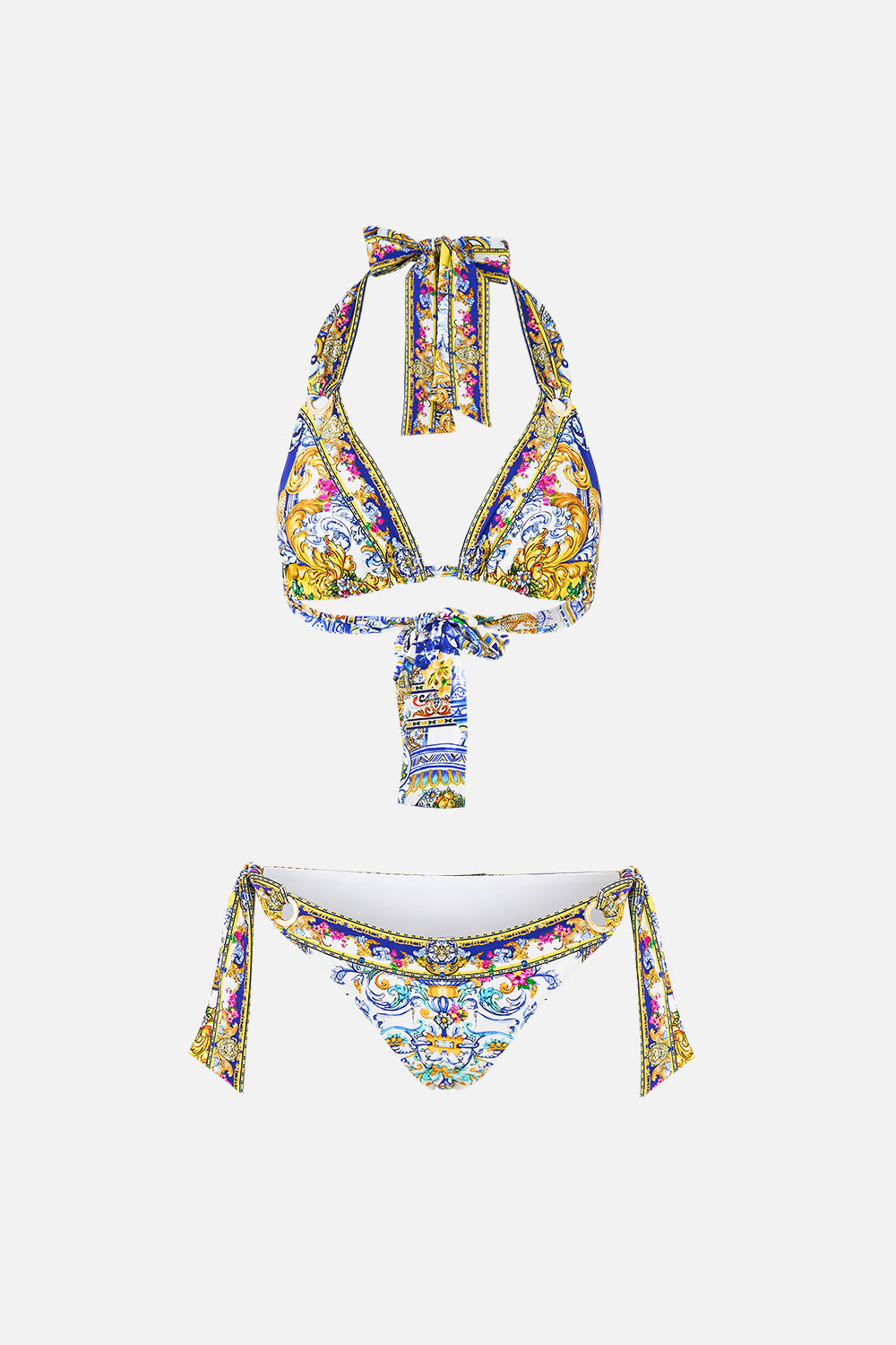 The CAMILLA soft thick tie tri bikini set with eyelet trims in our print España Nirvana. Front view.