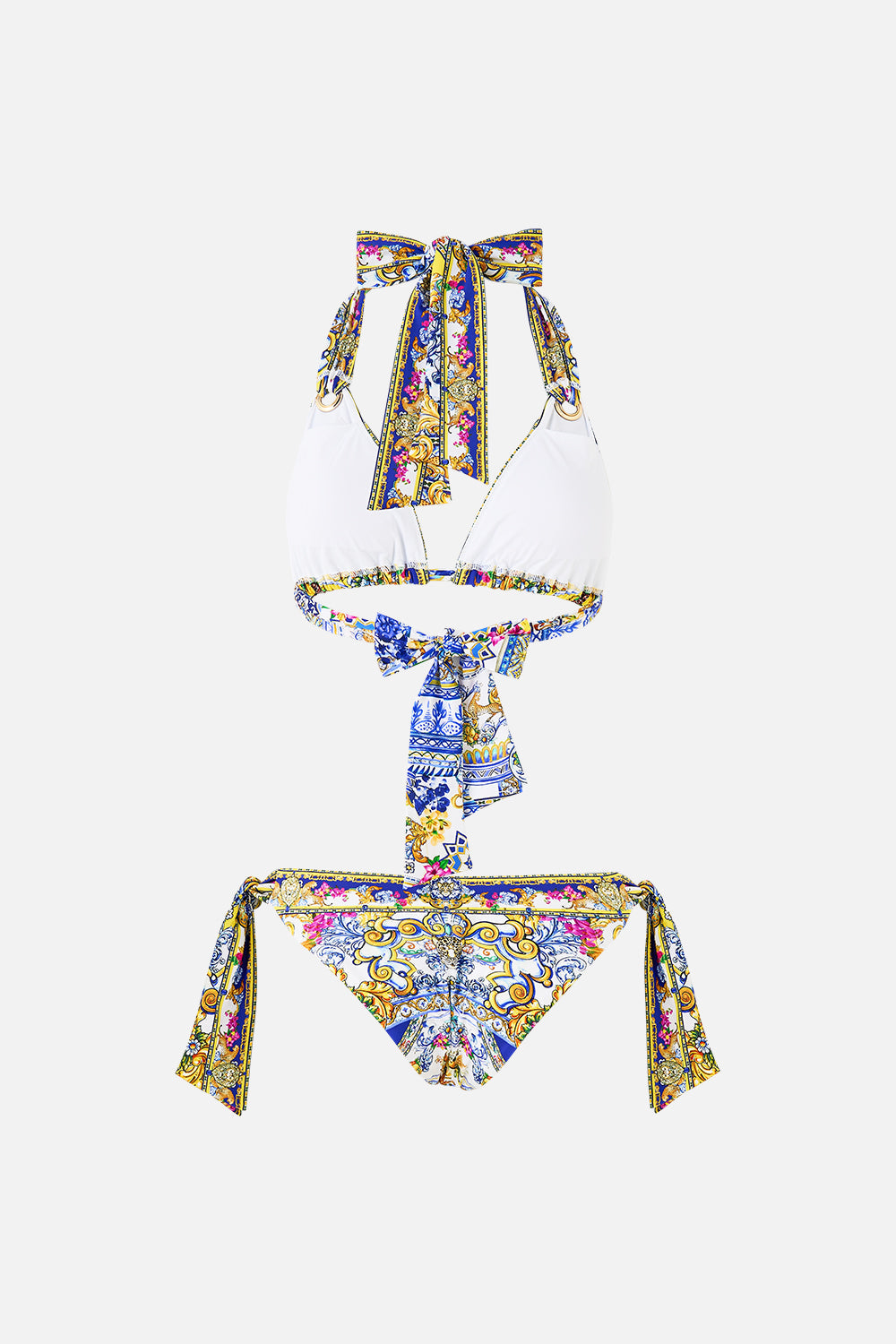 The CAMILLA soft thick tie tri bikini set with eyelet trims in our print España Nirvana.