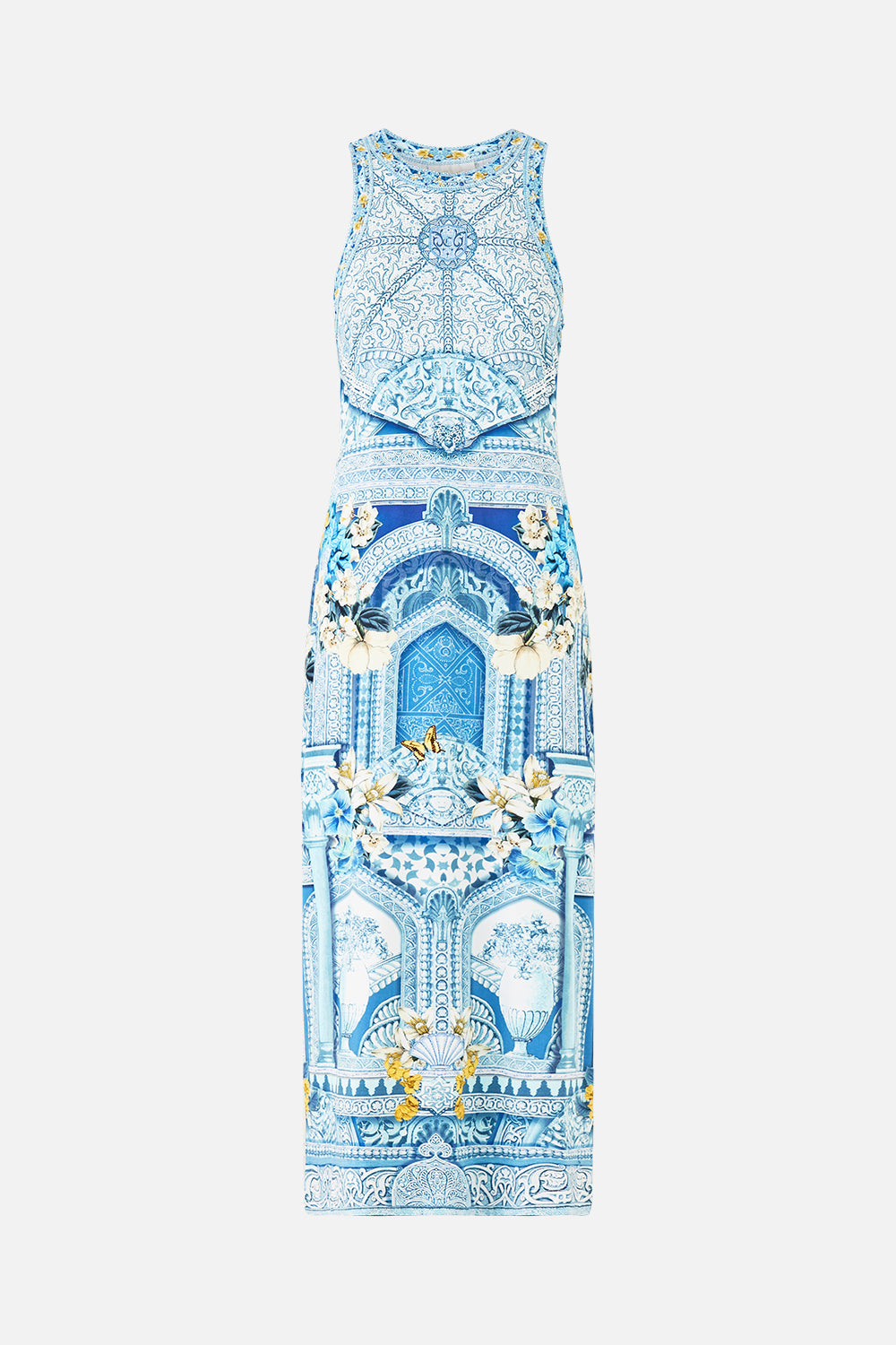 The CAMILLA jersey tank dress in our print De Nada Granada. Front view.