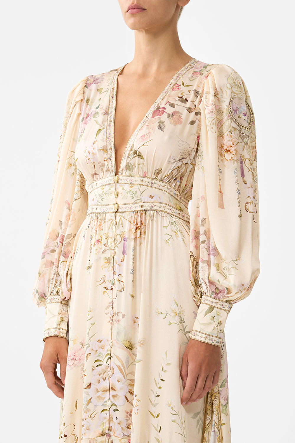 LONG BUTTON FRONT DRESS ADORNED IN ARANJUEZ