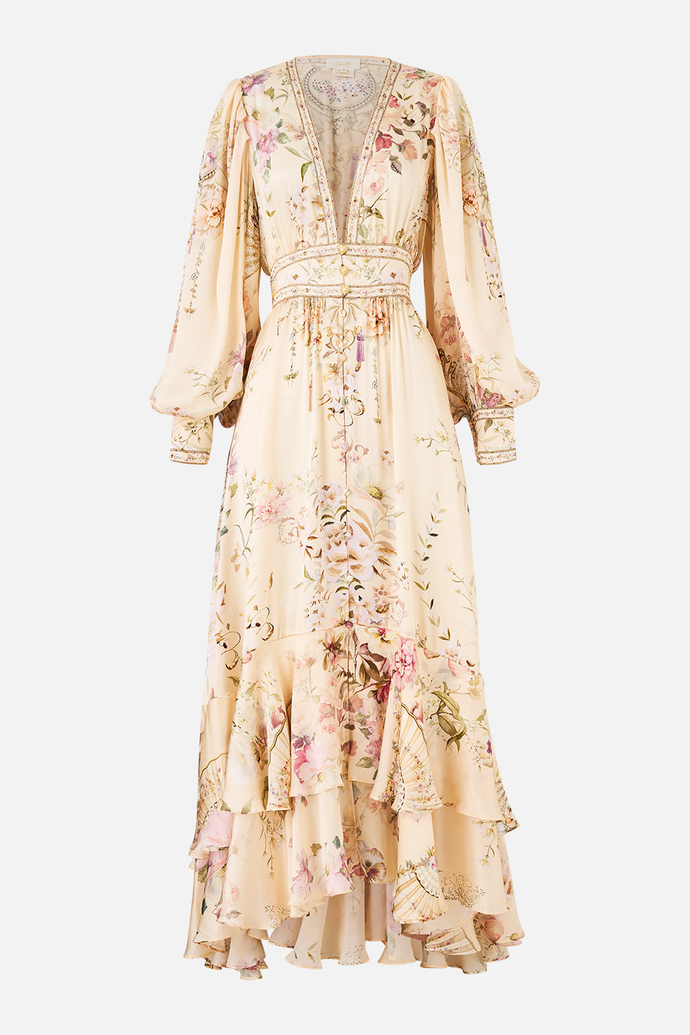 fitted lace wedding dress The Adorned In Aranjuez Long Button Front Dress