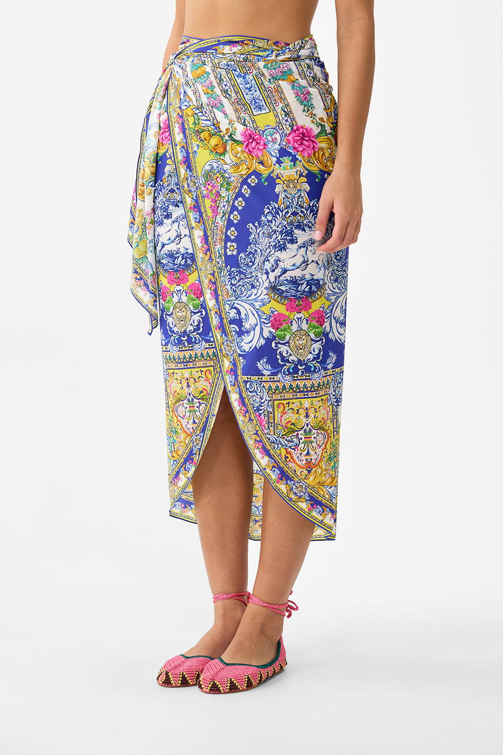 The CAMILLA eyelet wrap long sarong with tie waist in our print España Nirvana.