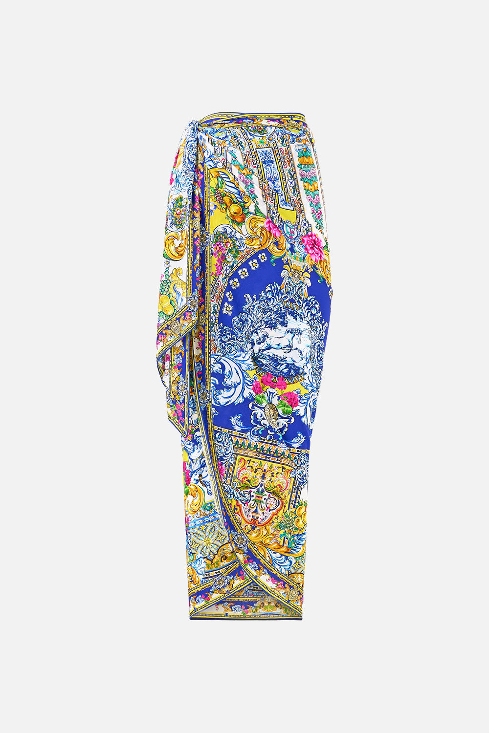 The CAMILLA eyelet wrap long sarong with tie waist in our print España Nirvana. Front view.