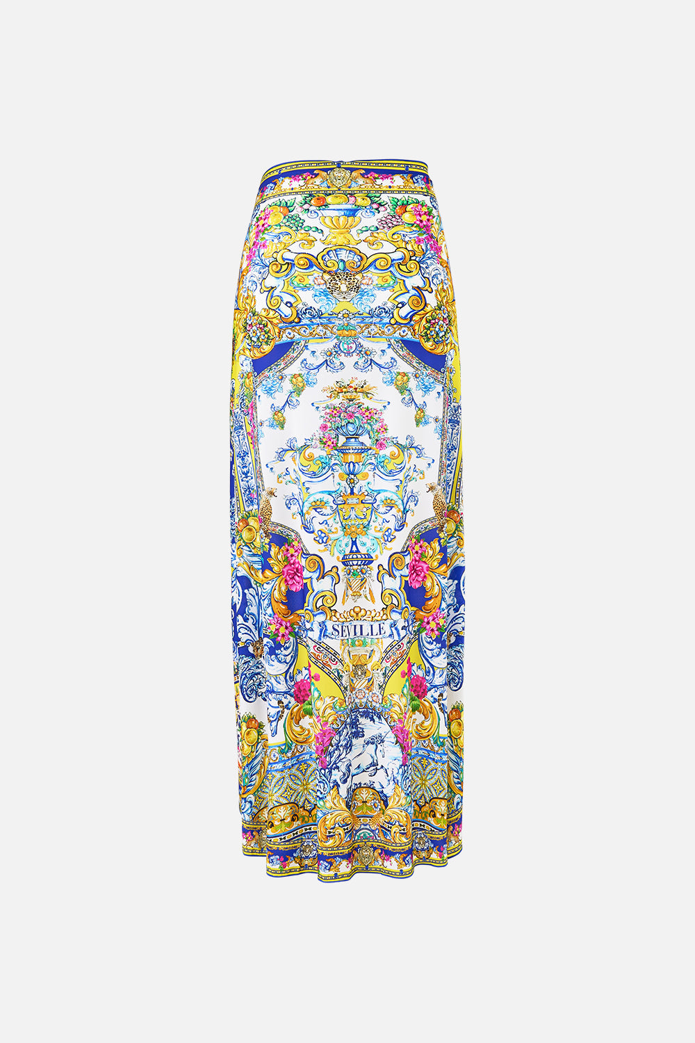 The CAMILLA eyelet wrap long sarong with tie waist in our print España Nirvana.