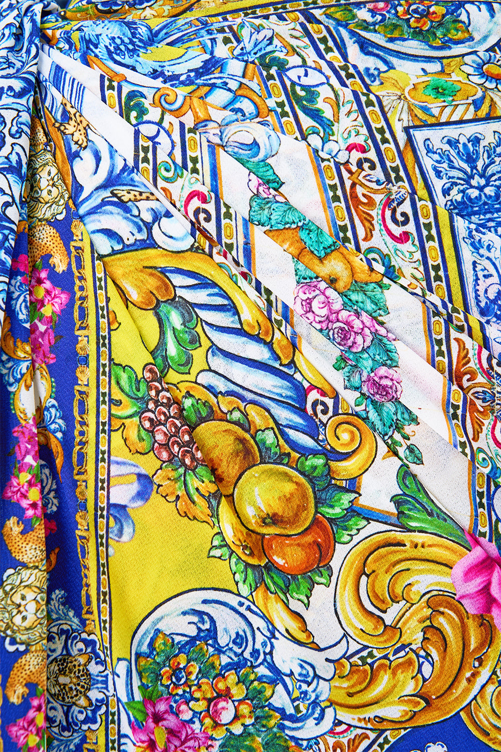 The CAMILLA eyelet wrap long sarong with tie waist in our print España Nirvana.
