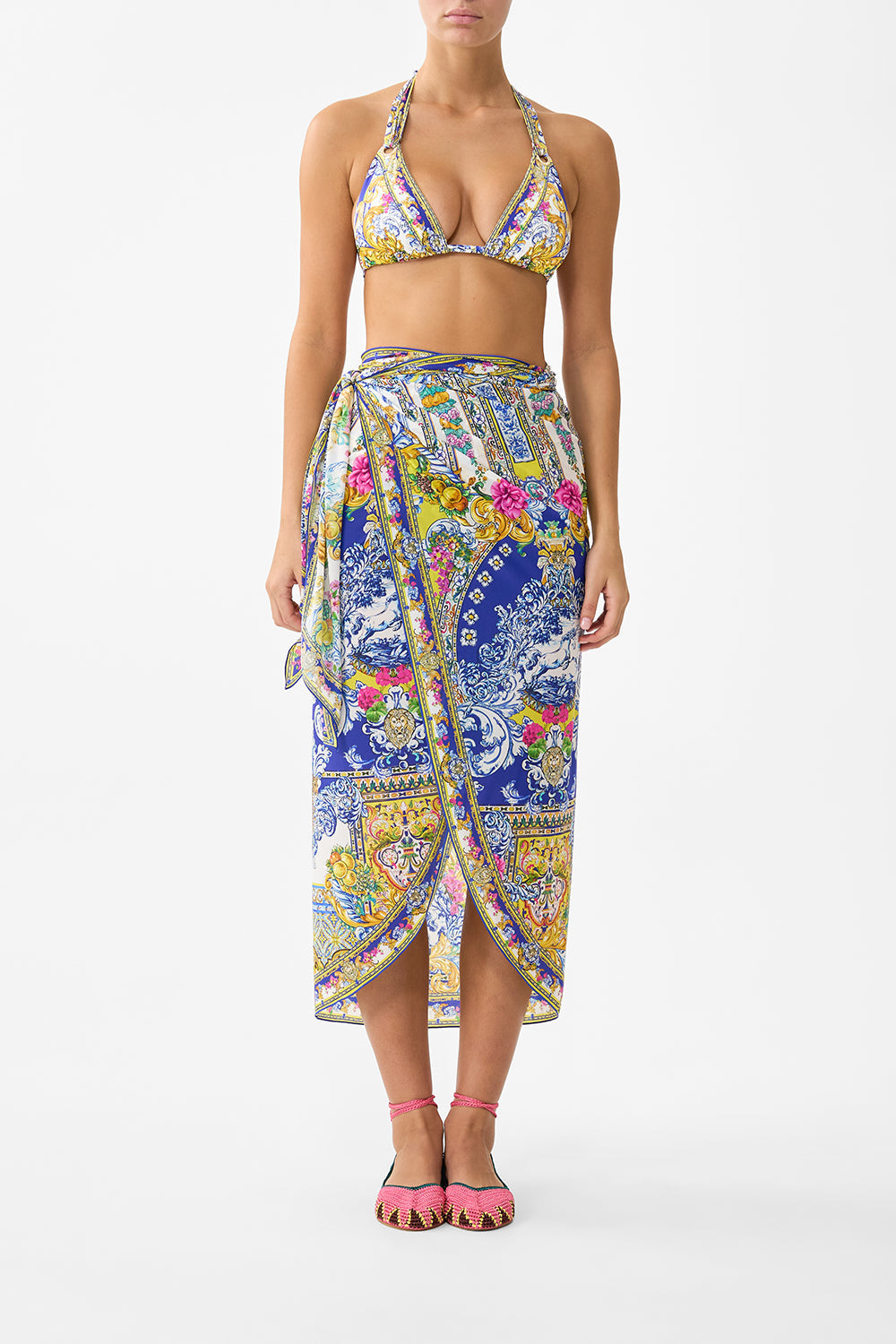The CAMILLA eyelet wrap long sarong with tie waist in our print España Nirvana. Front model view.