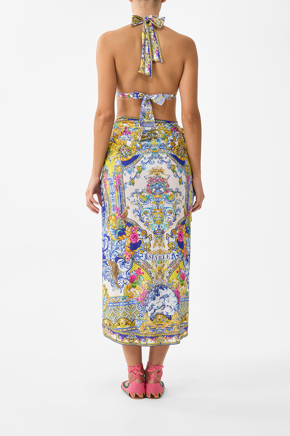 The CAMILLA eyelet wrap long sarong with tie waist in our print España Nirvana. Back model view.