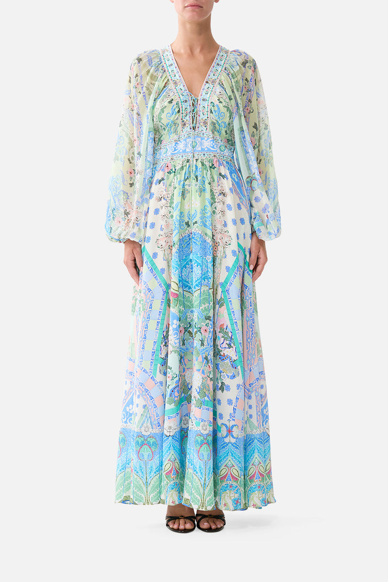 CAMILLA | Lace Up Front Long Dress Midsummer Mosaics, M Blue | Midsummer MOSAICS