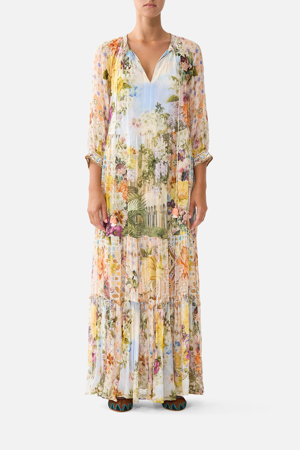 The CAMILLA long gathered panel dress in our print The Architects of Alcázar. Front model view.