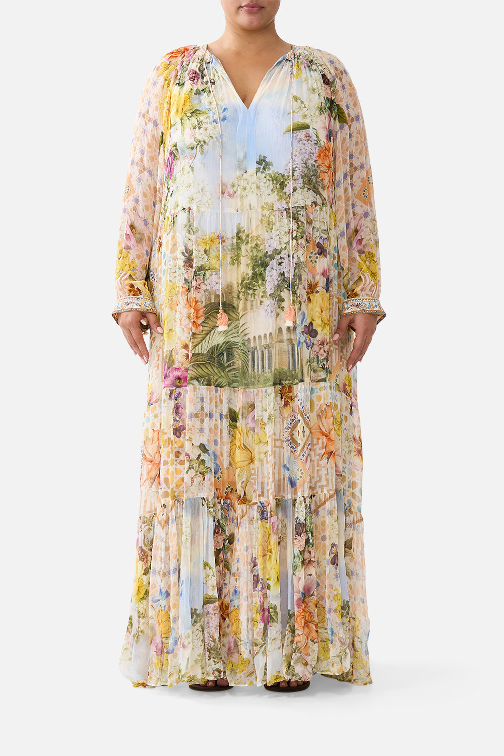 The CAMILLA long gathered panel dress in our print The Architects of Alcázar. Front model view.