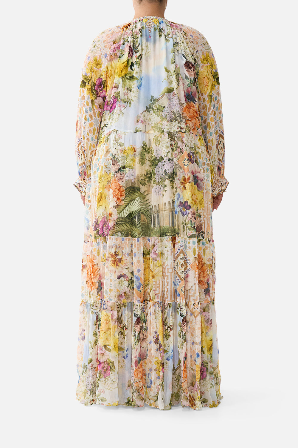 The CAMILLA long gathered panel dress in our print The Architects of Alcázar. Back model view.