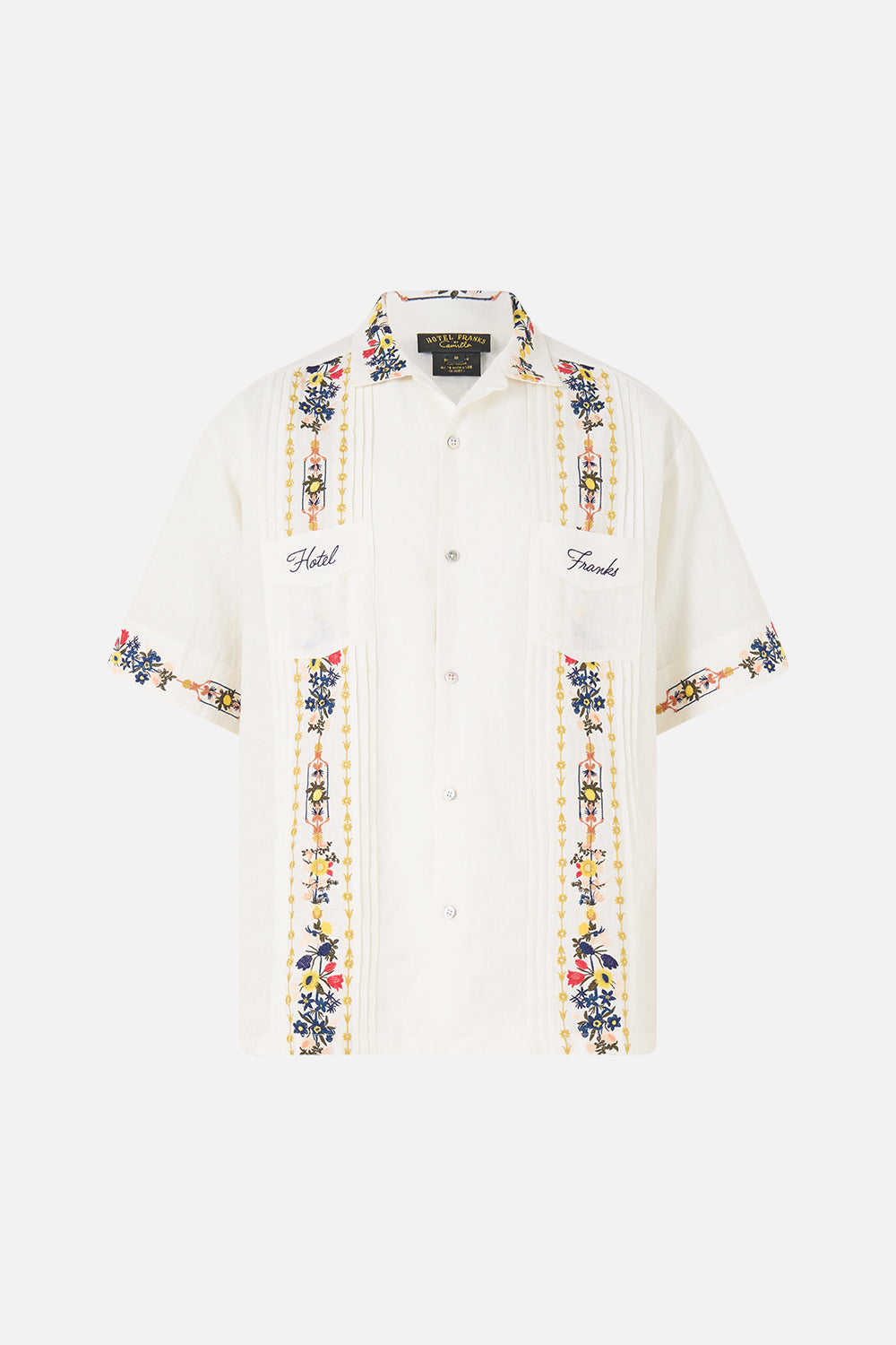 CAMISA CUBANA PLISADA DE MANGA CORTA BORDADA THE POTTERY PARLOUR