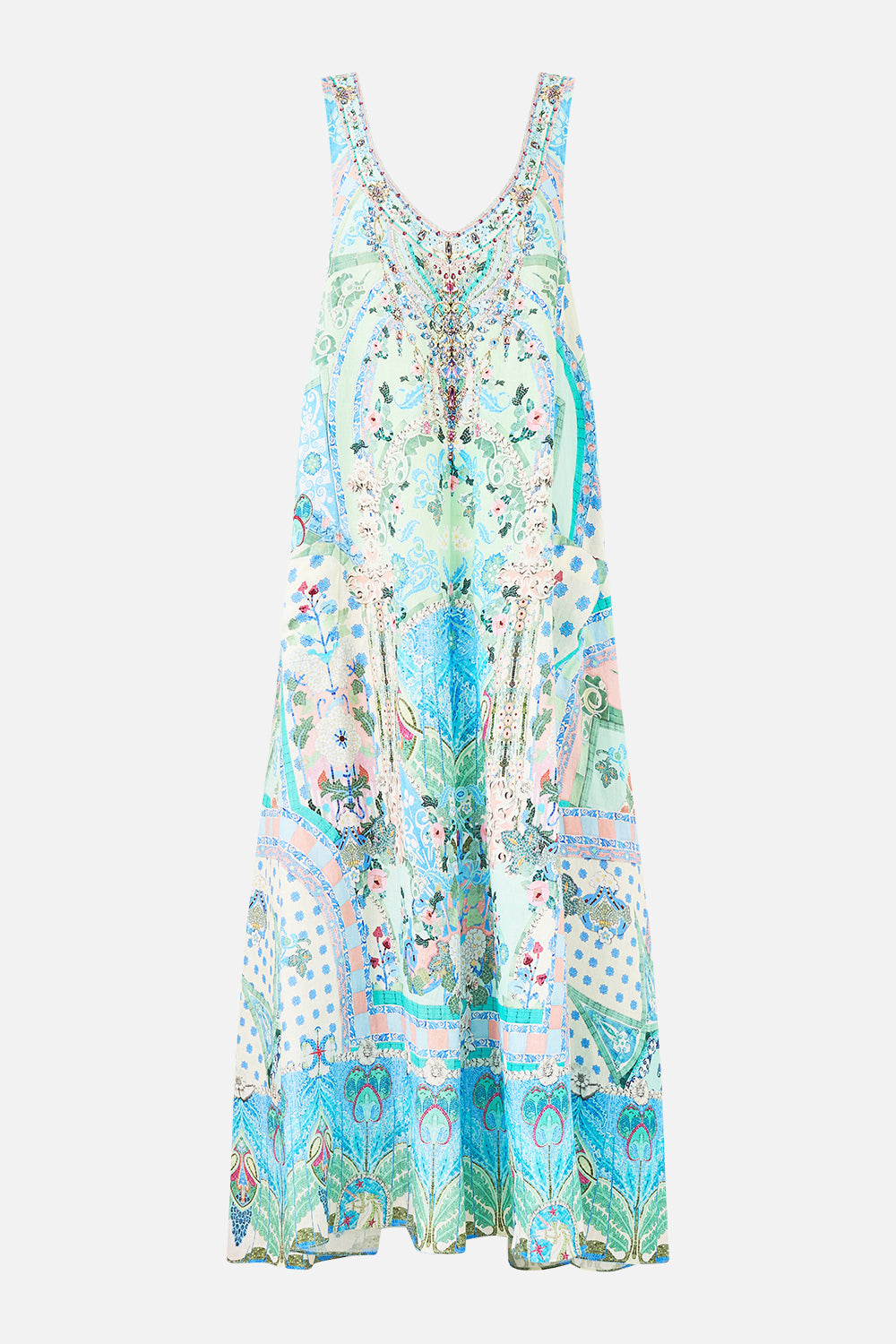 VESTIDO CON CUELLO EN V, BOLSILLOS Y ESPALDA BAJA MOSAICOS DE VERANO