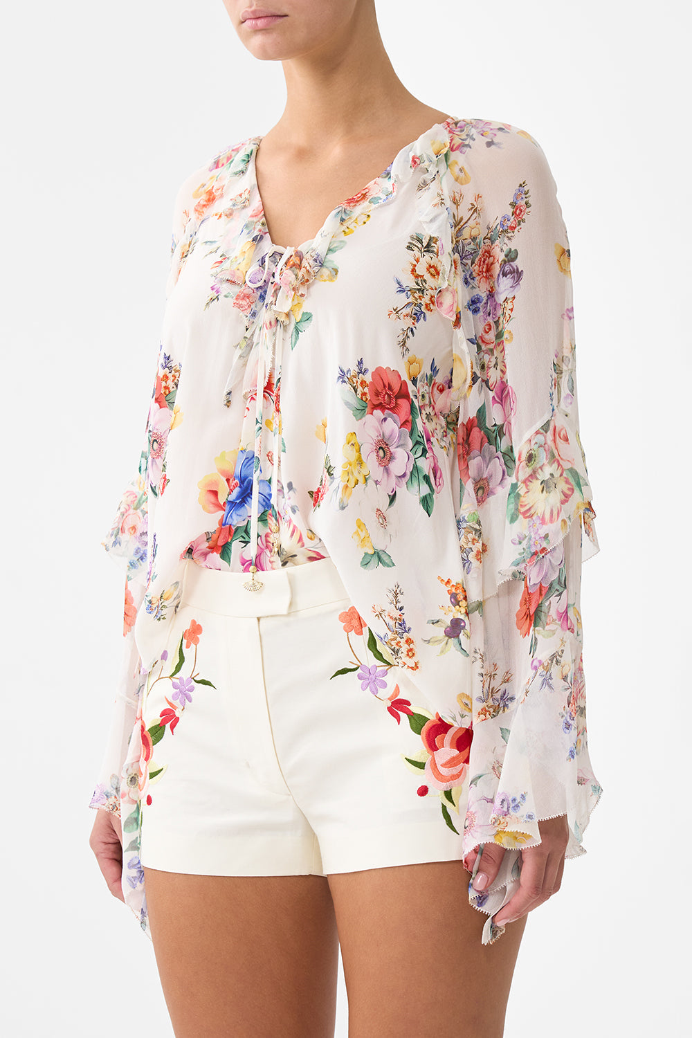 LACE UP V NECK BLOUSE WITH CASCADE RUFFLES I LEFT MY HEART IN GRANADA