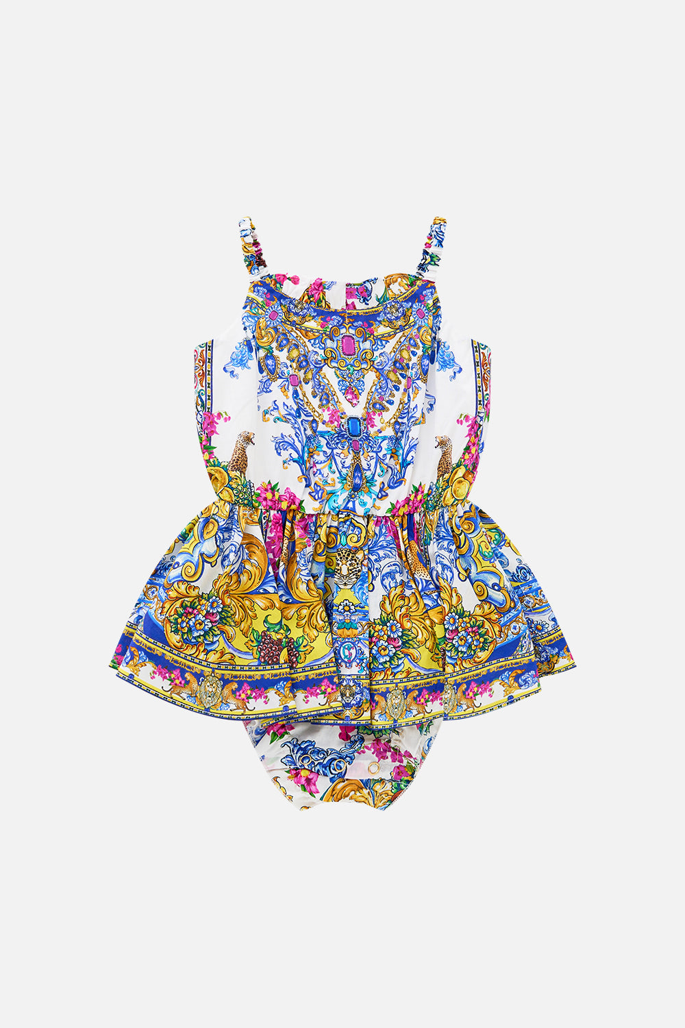 The CAMILLA BABIES JUMP DRESS WITH FRILL NECK ESPAÑA NIRVANA in our ESPAÑA NIRVANA print.
