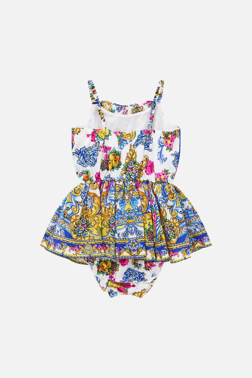 The CAMILLA BABIES JUMP DRESS WITH FRILL NECK ESPAÑA NIRVANA in our  print.