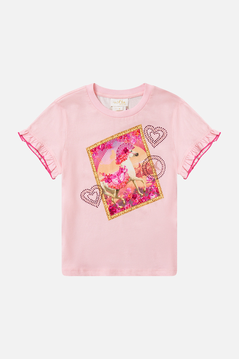CAMISETA INFANTIL CON VOLANTES EN LAS MANGAS Y BAJOS DE HILO EN COLOR ROSA FLAMENCO