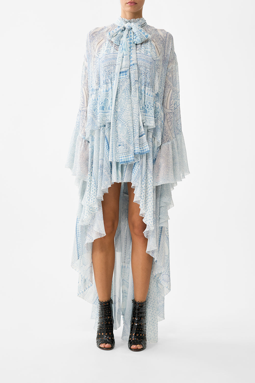 The CAMILLA RUFFLE HIGH LOW DRESS WITH LONG SLEEVE THE HUM OF THE ALHAMBRA in our THE HUM OF THE ALHAMBRA print.
