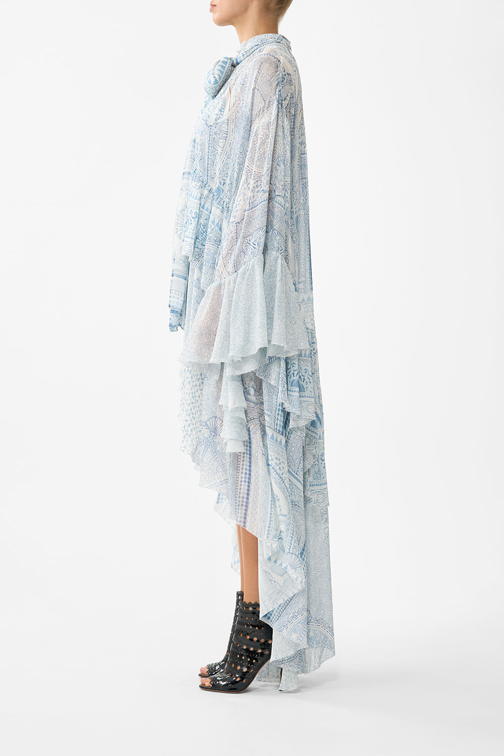 The CAMILLA RUFFLE HIGH LOW DRESS WITH LONG SLEEVE THE HUM OF THE ALHAMBRA in our  print.