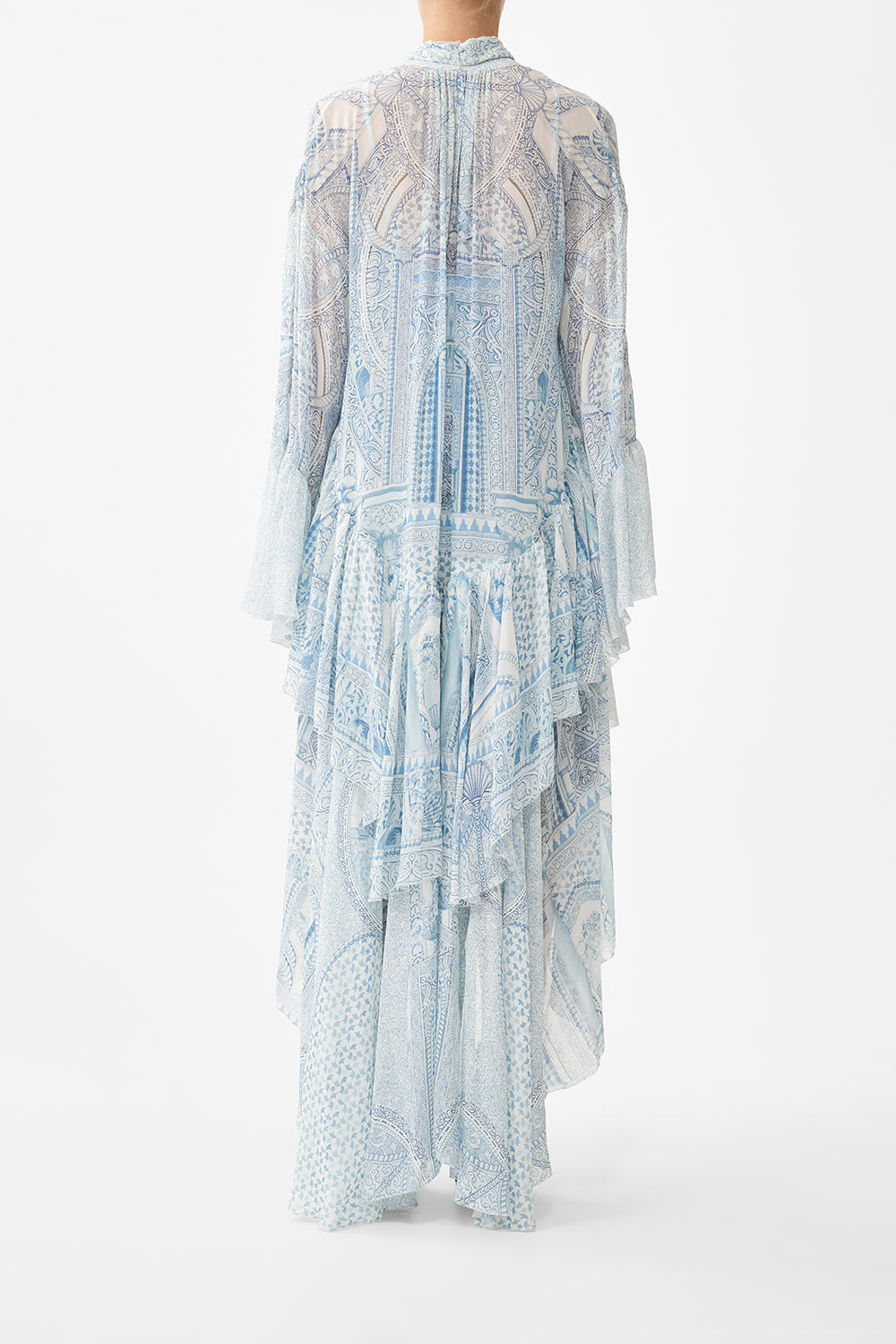 The CAMILLA RUFFLE HIGH LOW DRESS WITH LONG SLEEVE THE HUM OF THE ALHAMBRA in our  print.