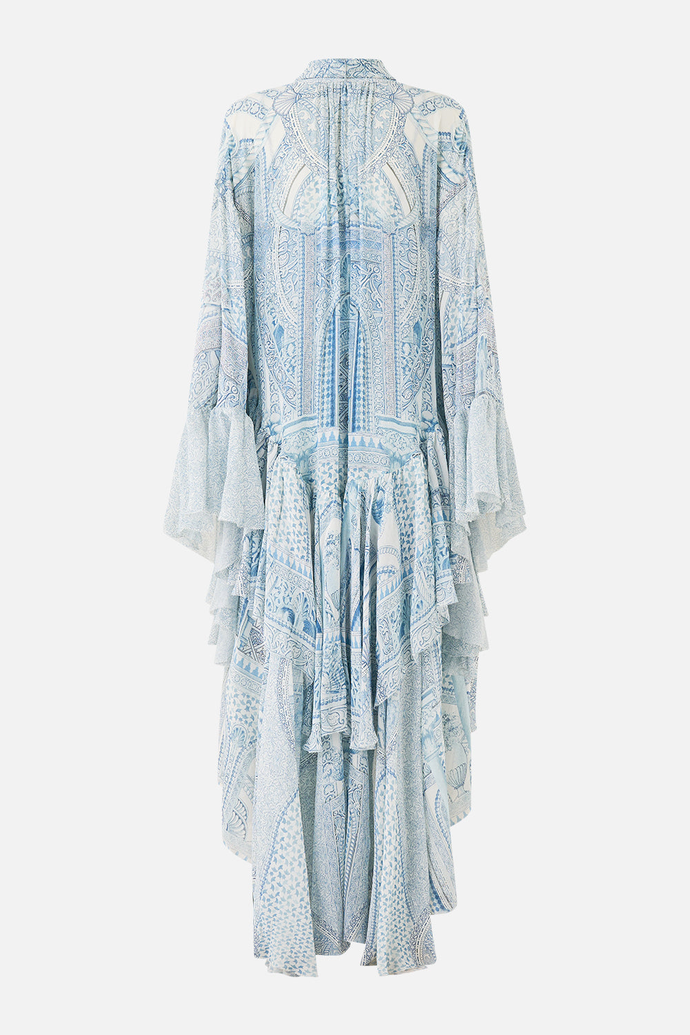 The CAMILLA RUFFLE HIGH LOW DRESS WITH LONG SLEEVE THE HUM OF THE ALHAMBRA in our  print.
