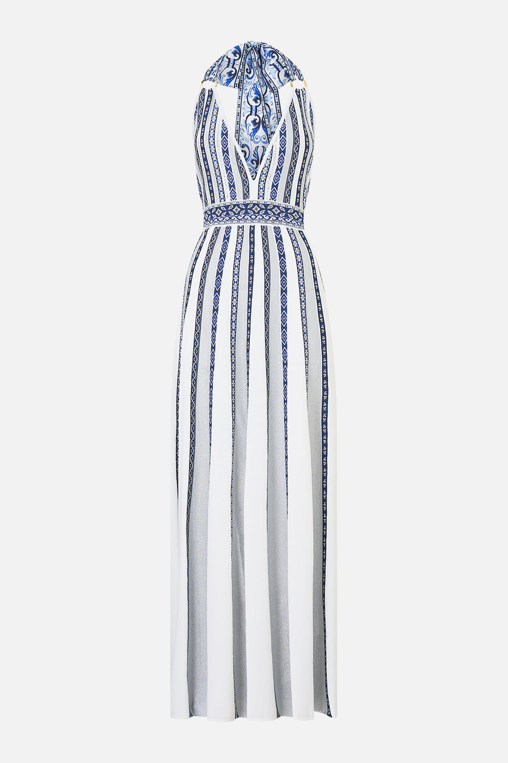 VESTIDO DE PUNTO CON CUELLO HALTER Y LAZO DE SEDA EN UN PAÍS DE LAS MARAVILLAS DE AZULEJOS