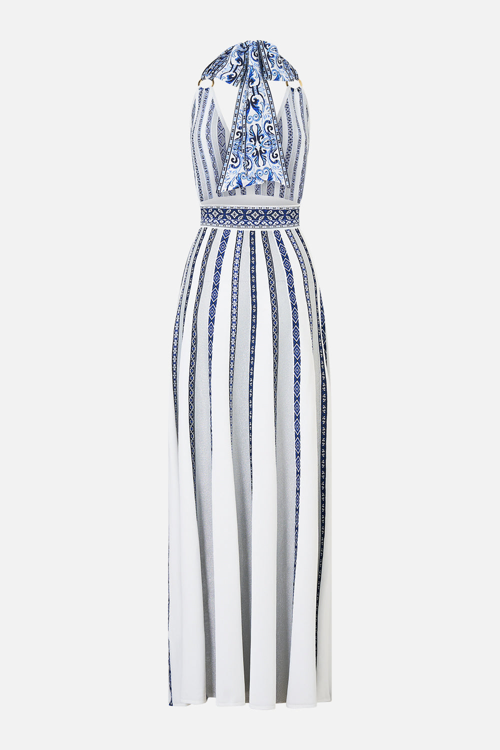 VESTIDO DE PUNTO CON CUELLO HALTER Y LAZO DE SEDA EN UN PAÍS DE LAS MARAVILLAS DE AZULEJOS