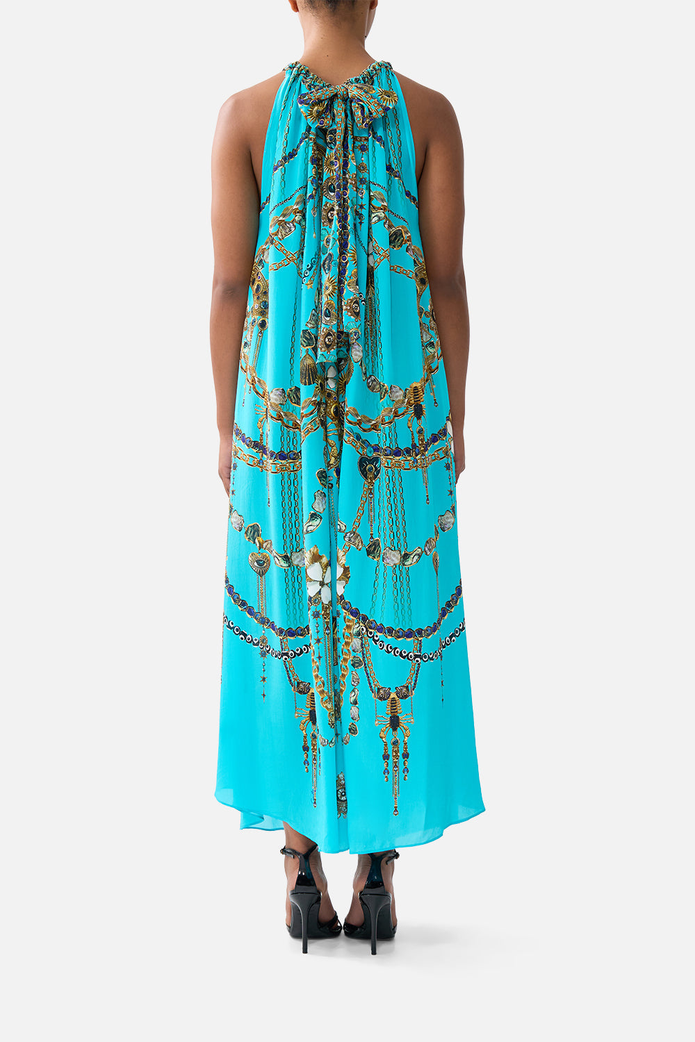 The CAMILLA drawstring dress from our print totems and treasures, back model view