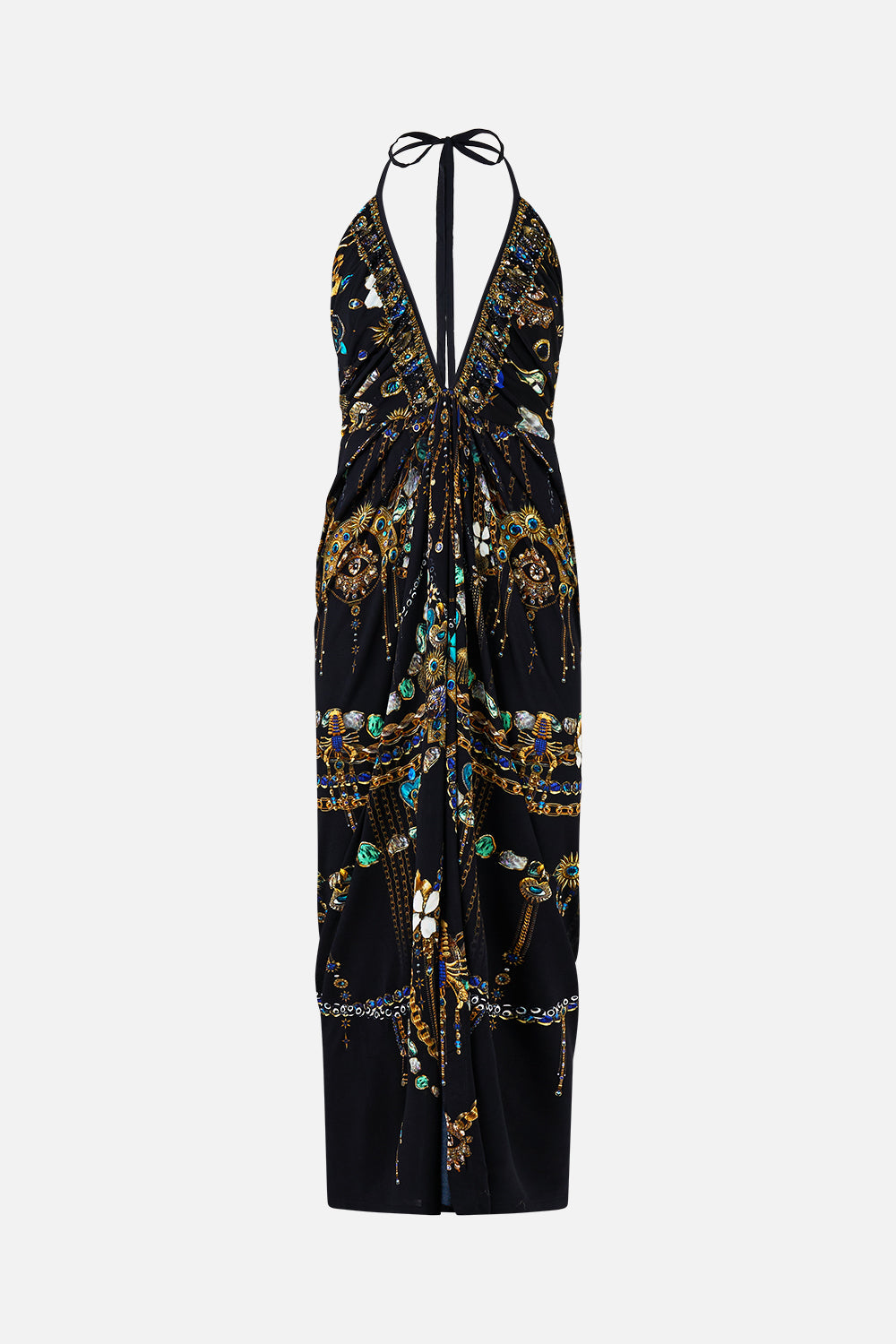 VESTIDO DE PUNTO CON CUELLO DE PICO Y FRUNCES AMULETOS Y ALQUIMIA