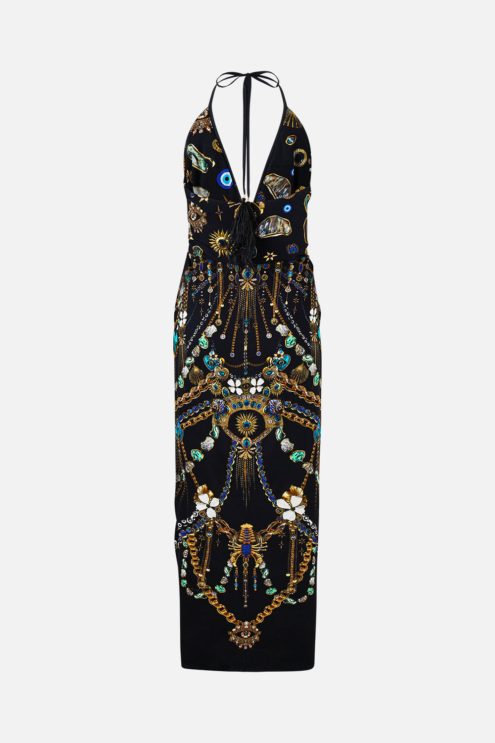 VESTIDO DE PUNTO CON CUELLO DE PICO Y FRUNCES AMULETOS Y ALQUIMIA