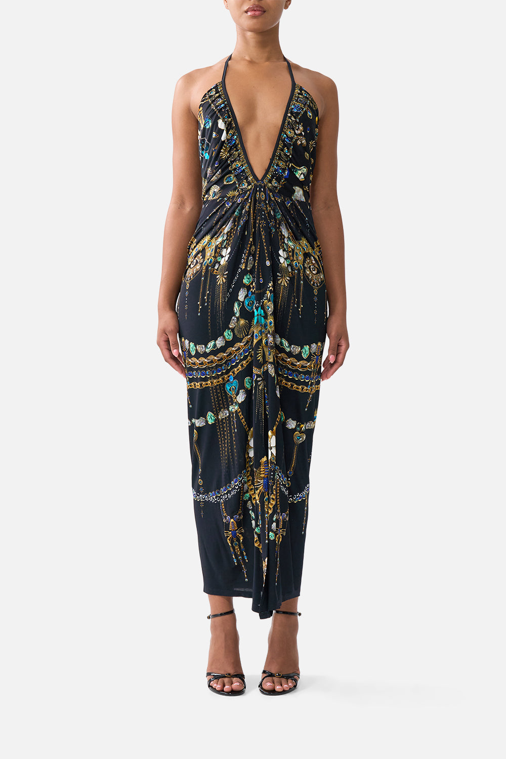 VESTIDO DE PUNTO CON CUELLO DE PICO Y FRUNCES AMULETOS Y ALQUIMIA