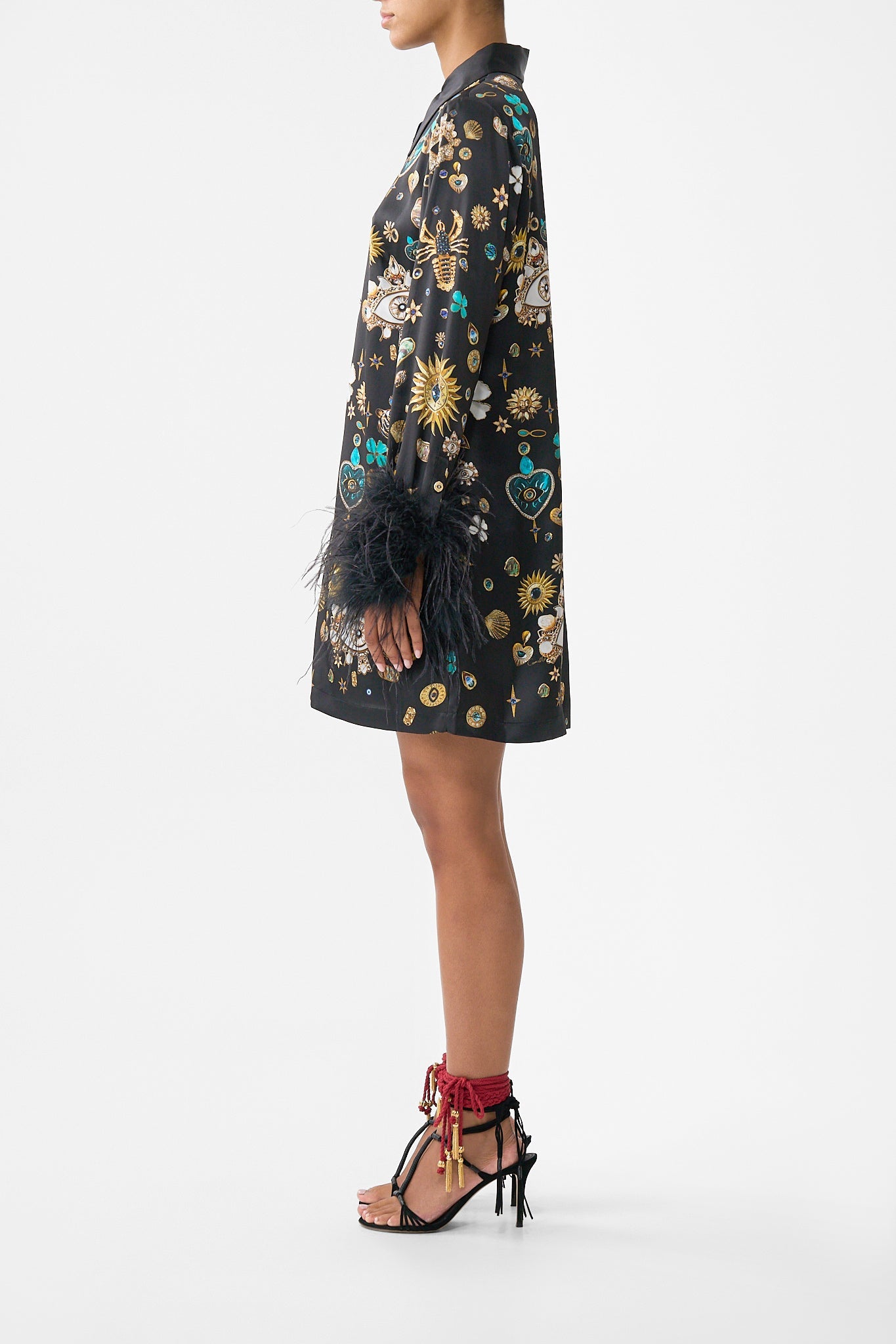 MINI SHIRT DRESS WITH FEATHERS AMULETS AND ALCHEMY